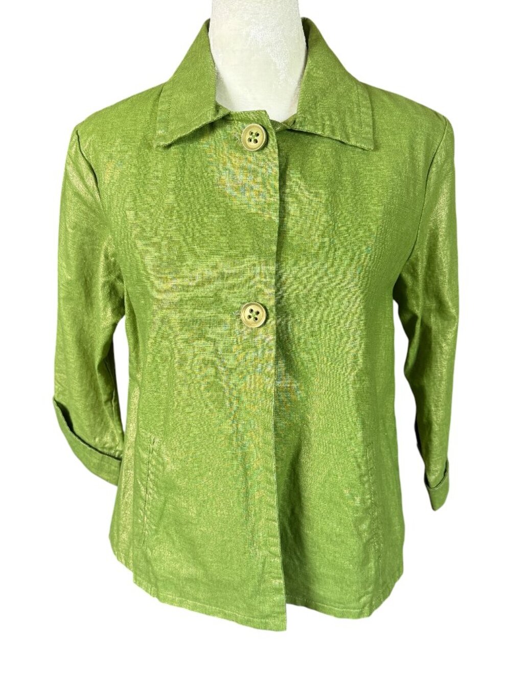 Chico's women's 0 metallic green linen blend blazer jacket 3/4 sleeve button up